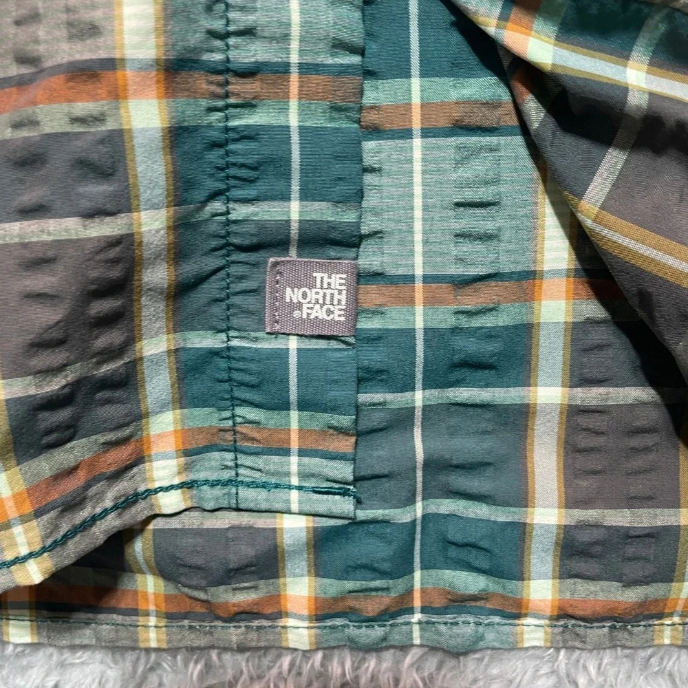 The North Face Mens Plaid Short Sleeve Button Up Shirt Teal Orange Medium